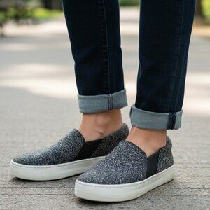VINCE Warren Platform Sneakers 7 Boucle Knit Tweed Gray Black Slip On Trainers